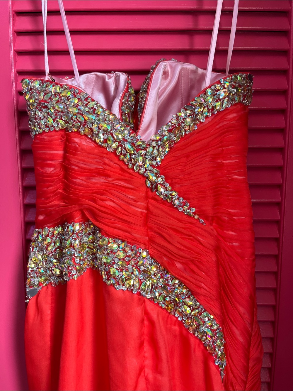 Sherri Hill Coral Crystal-Embellished Strapless Gown